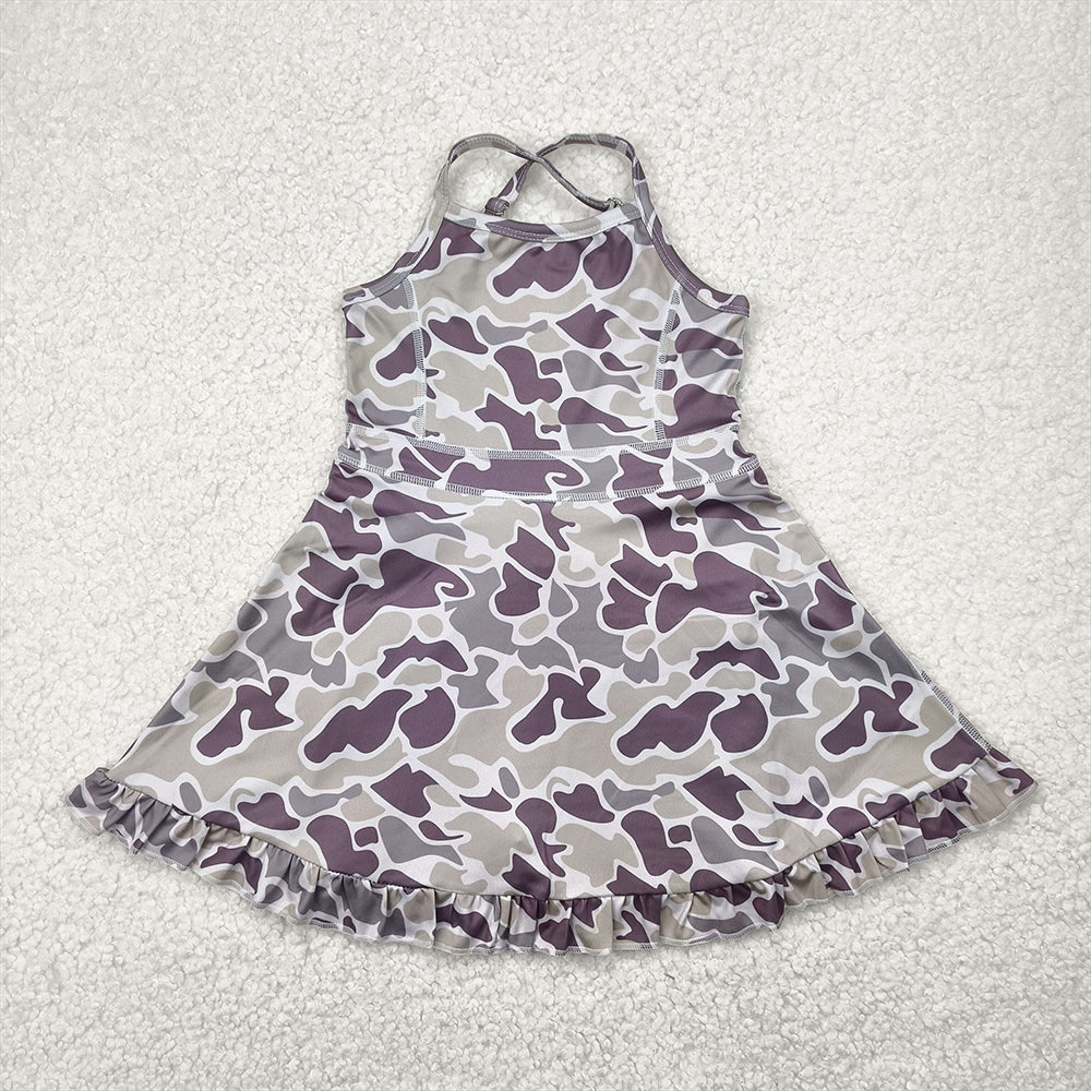 6.16    GSD2312 RTS NO MOQ Baby Girls Summer Yoga Dress Baby Girls Strap Purple Camo Yoga Ruffle Knee Length Dresses