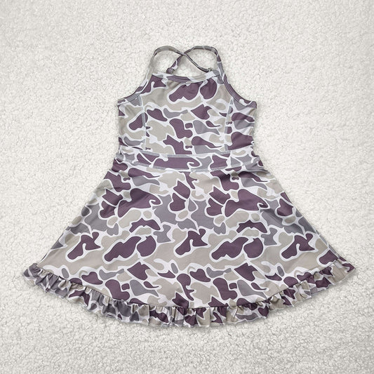 6.16    GSD2312 RTS NO MOQ Baby Girls Summer Yoga Dress Baby Girls Strap Purple Camo Yoga Ruffle Knee Length Dresses