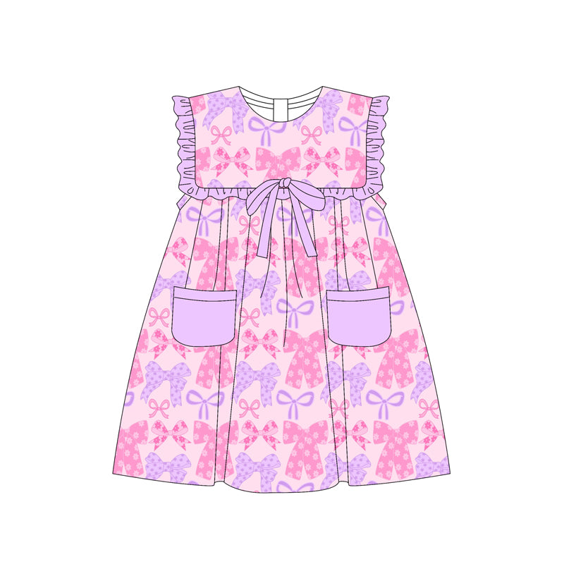 4.24 Pre order Baby Girls Lavender Ruffle Pockets Floral Bow Clothing Set Cute Outfit with Pockets for Little Ones
