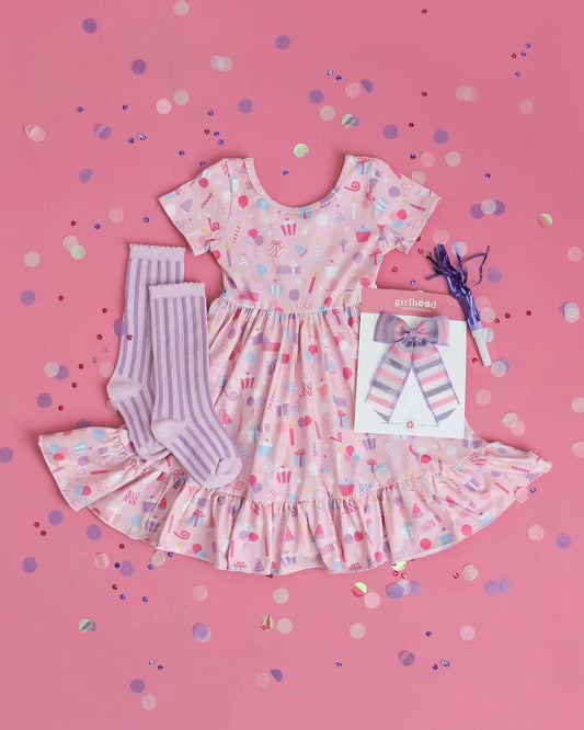 4.26 GSD2324 Pre order Short sleeves pink ball cakes gift Happy birthday girls dresses