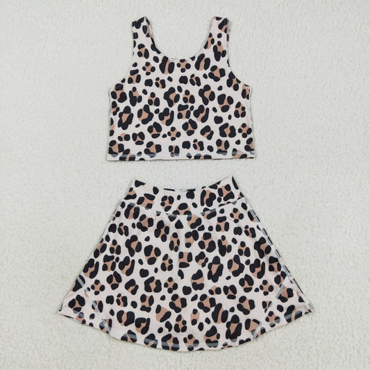 RTS NO MOQ （In stock）GSD2327 Baby Girls Yoga Sets Baby Girls Sleeveless Leopard Vest Top Skort Yoga Active Set