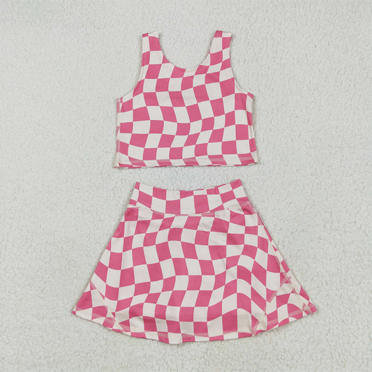4.23 GSD2329 RTS NO MOQ Baby Girls Yoga Outfits Sleeveless pink plaid top skirt kids girls active wear set