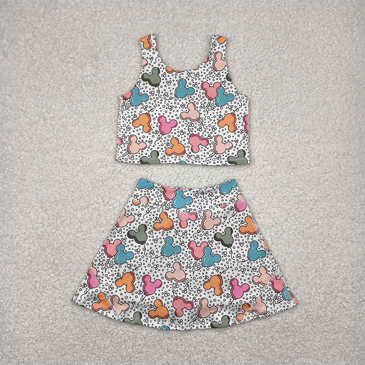 4.23 GSD2331RTS NO MOQ Baby Girls Yoga Outfits Sleeveless mouse balloon top skirt kids girls active wear set