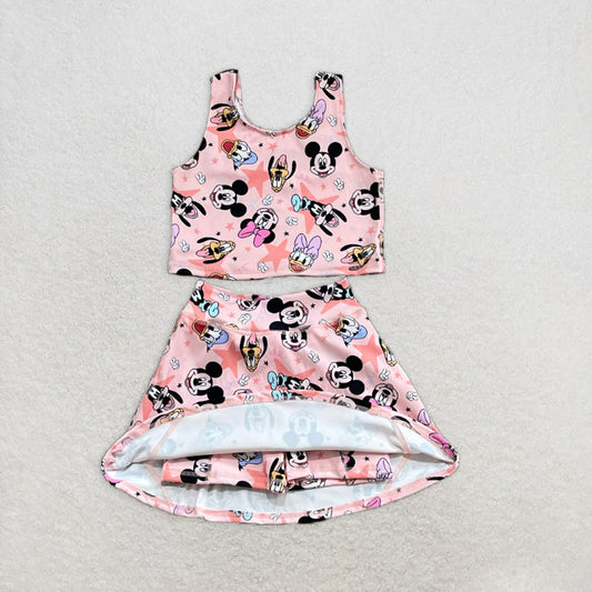 4.23 GSD2332RTS NO MOQ Baby Girls Yoga Outfits Sleeveless duck mouse top skirt kids girls active wear set
