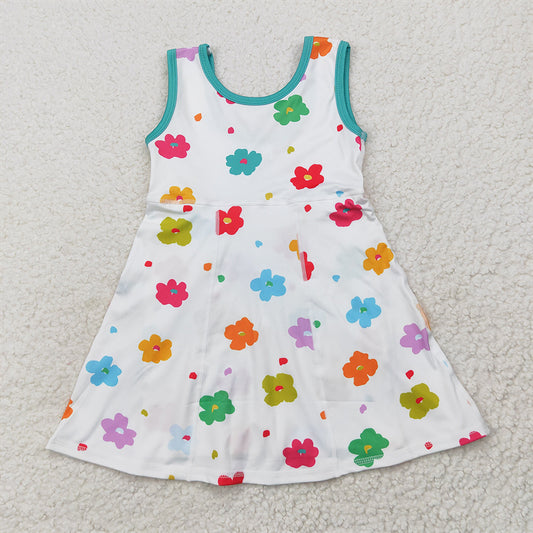 5.19  GSD2346 RTS NO MOQ Baby Girls Summer Yoga Dress Sleeveless white colorful floral kids girls athletic dresses