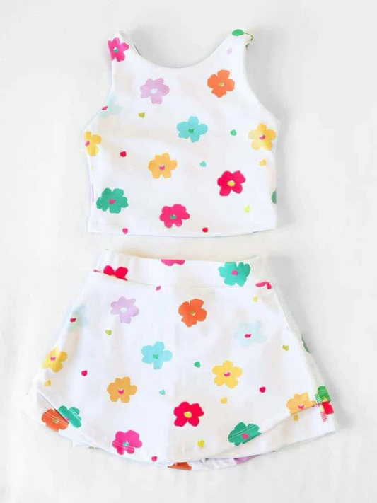 5.20  GSD2347 Pre order White colorful floral top skirt kids girls active wear