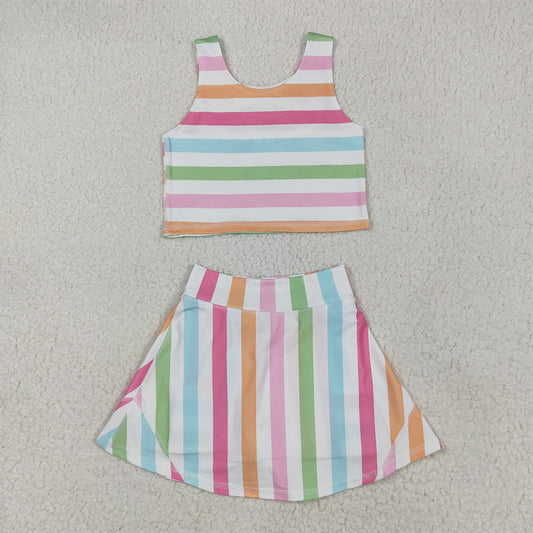 5.20   GSD2348RTS NO MOQ Baby Girls Yoga Outfits Sleeveless colorful stripe top skirt kids girls active wear