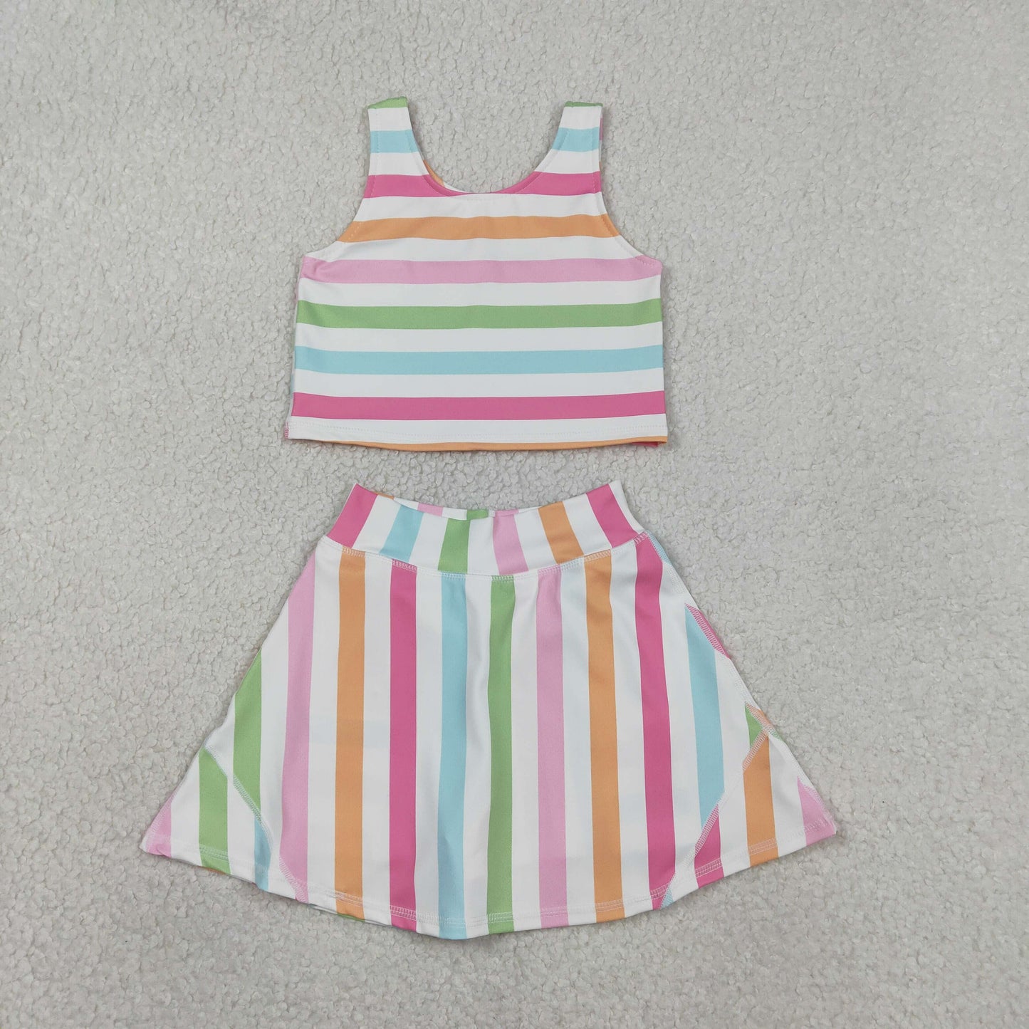 1.27 RTS NO MOQ （In stock）GSD2348 Baby Girls Sleeveless Colorful Stripes Top Skort Yoga Active Sets