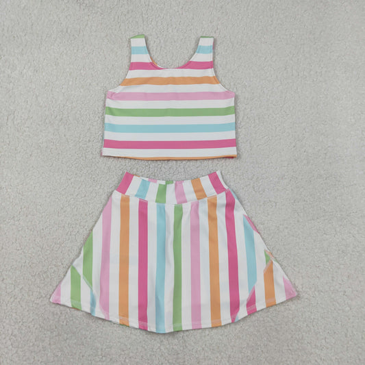 1.27 RTS NO MOQ （In stock）GSD2348 Baby Girls Sleeveless Colorful Stripes Top Skort Yoga Active Sets