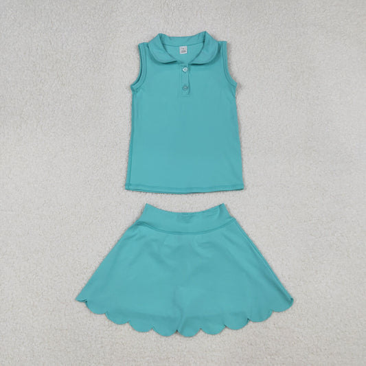 RTS NO MOQ （In stock）GSD2349 Baby Girls Yoga Outfits Aqua Sleeveless Button Top Skirt Yoga Sets