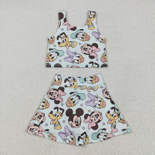 6.11  GSD2353RTS NO MOQ Baby Girls Summer Yoga Outfits Sleeveless duck mouse top skirt kids girls active wear