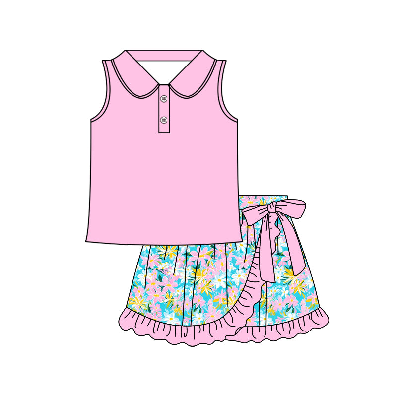 6.24  Pre order Baby Girls Black Sleeveless Button Top with Colorful Leopard Print Ruffle Skirt Set for Special Occasions