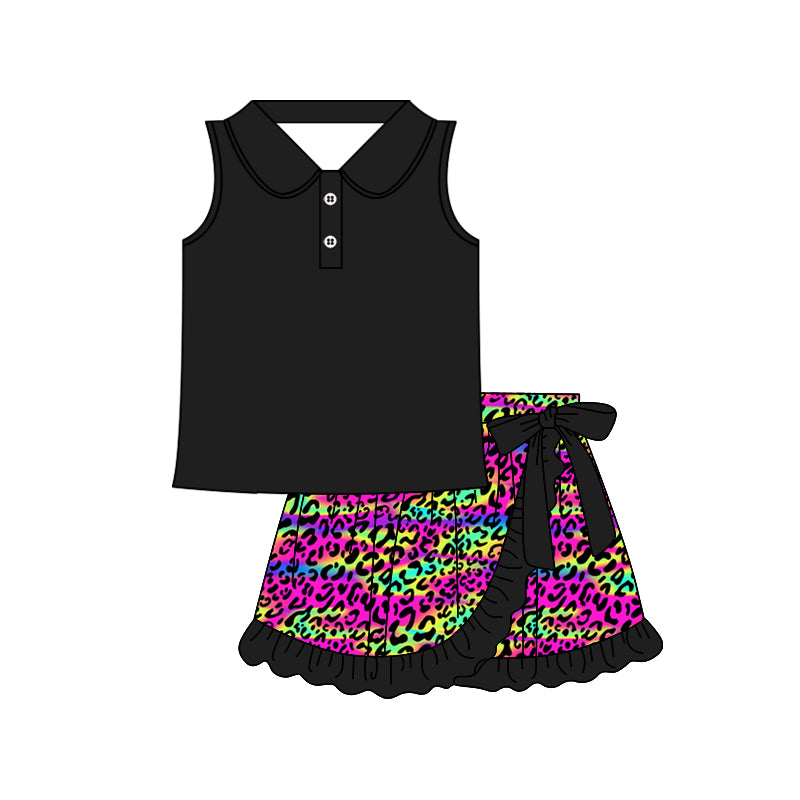 6.24  Pre order Baby Girls Black Sleeveless Button Top with Colorful Leopard Print Ruffle Skirt Set for Special Occasions
