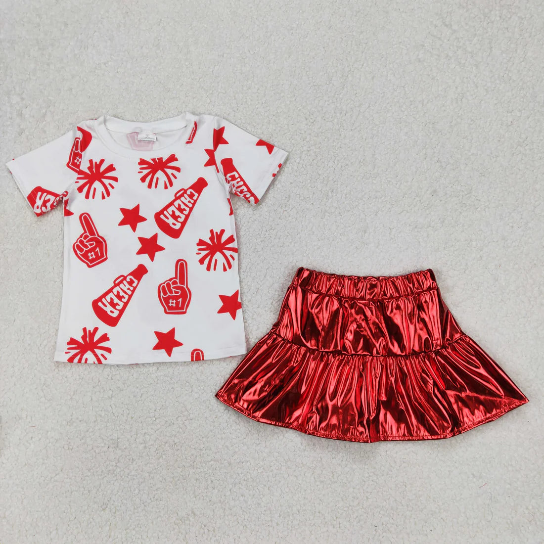 11.12 RTS Sibling Baby Girls Cheer Stars Shirt Top Leather Skirts Clothes Sets