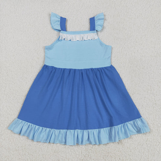 GSD2393RTS NO MOQ Baby Girls Summer Dress  baby girl clothes blue flying sleeve dress