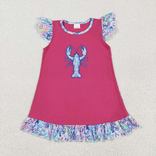 RTS NO MOQ （In stock）GSD2398 Baby Girls Summer Dress Embroidery Baby Girls Flutter Sleeves Floral Crayfish Knee Length Dress