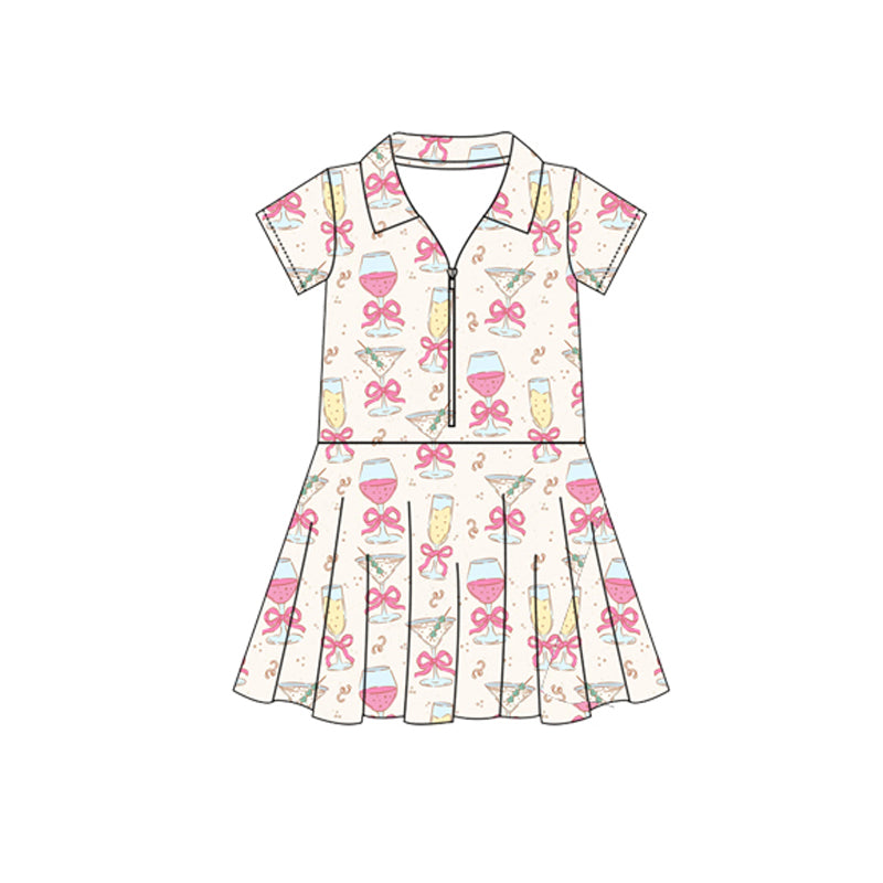 6.12  Pre order Baby Girls Short Sleeves Pink Flowers Golf Zipper Knee Length Dresses