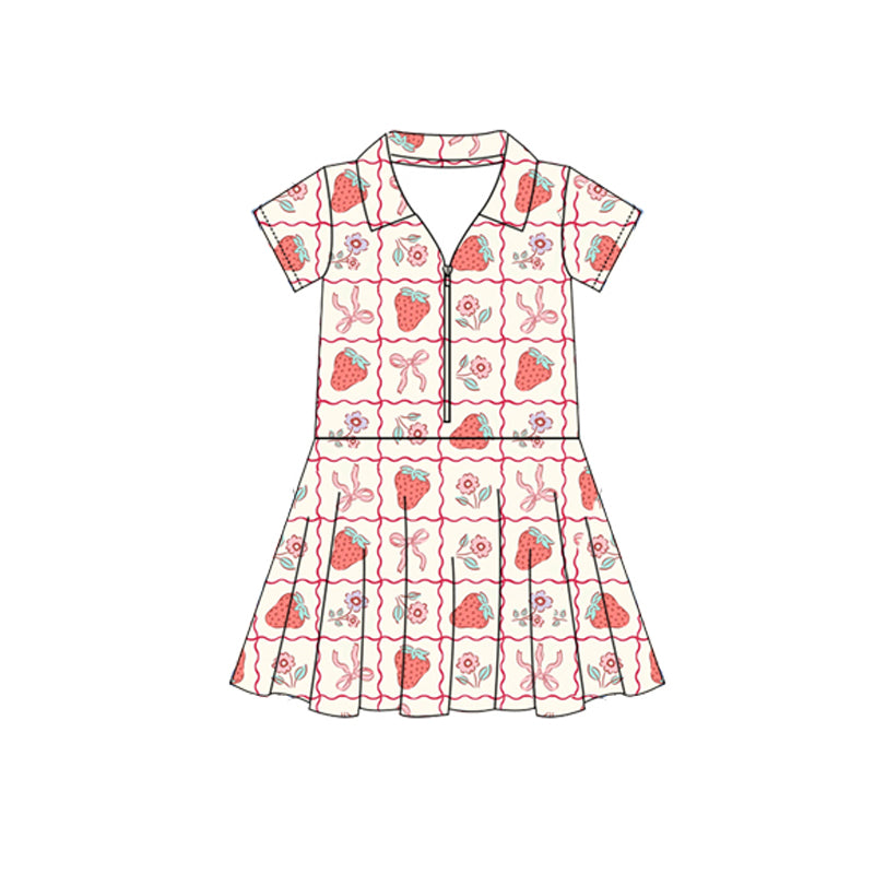 6.12  Pre order Baby Girls Short Sleeves Pink Flowers Golf Zipper Knee Length Dresses