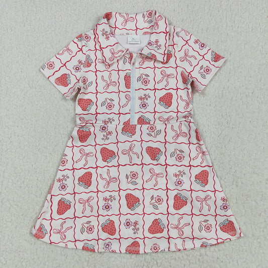 8.11  GSD2407RTS NO MOQ Baby Girls Summer Yoga Dress  Baby Girls Short Sleeves Bows Strawberry Zipper Knee Length Dresses
