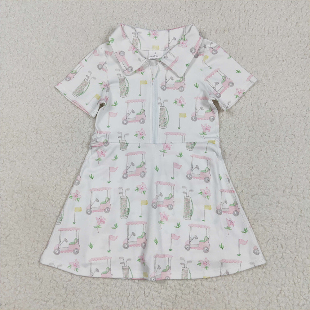 6.21 GSD2410RTS NO MOQ Baby Girls Summer Yoga Dress Baby Girls Short Sleeves Pink Flowers Golf Zipper Knee Length Dresses