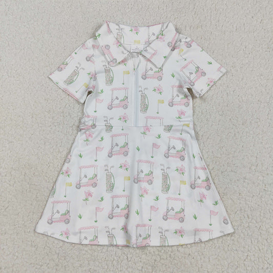 6.21 GSD2410RTS NO MOQ Baby Girls Summer Yoga Dress Baby Girls Short Sleeves Pink Flowers Golf Zipper Knee Length Dresses