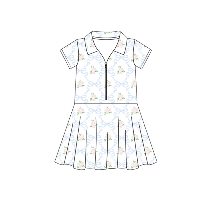6.12  Pre order Baby Girls Short Sleeves Pink Flowers Golf Zipper Knee Length Dresses