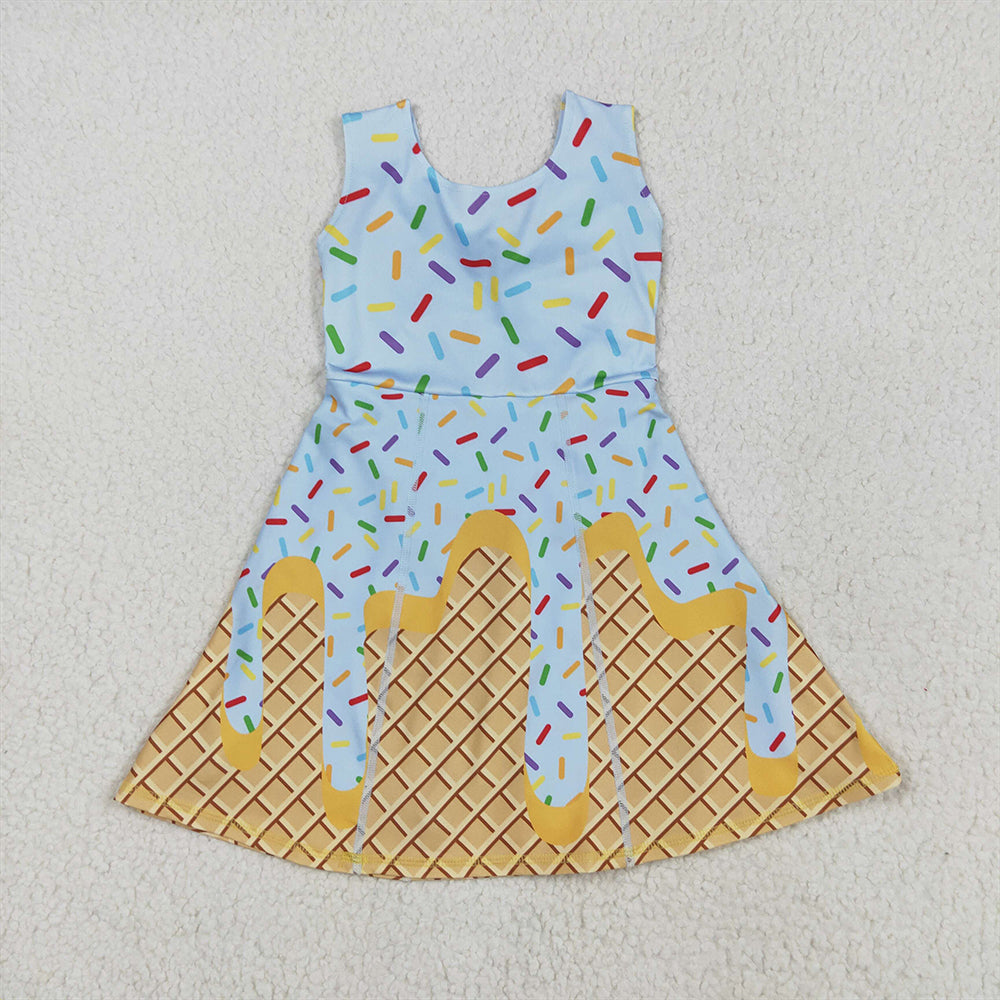 7.14 GSD2415RTS NO MOQ Baby Girls Summer Yoga Dress Baby Girls Blue Ice-cream Drip Yoga Skort Knee Length Dresses