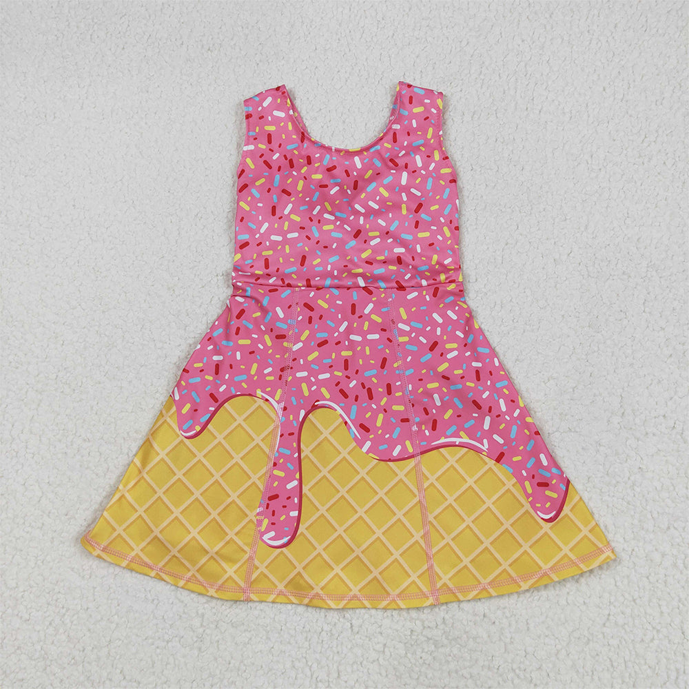 7.05 GSD2417RTS NO MOQ Baby Girls Summer Yoga Dress Baby Girls Pink Ice-cream Drip Yoga Skort Knee Length Dresses