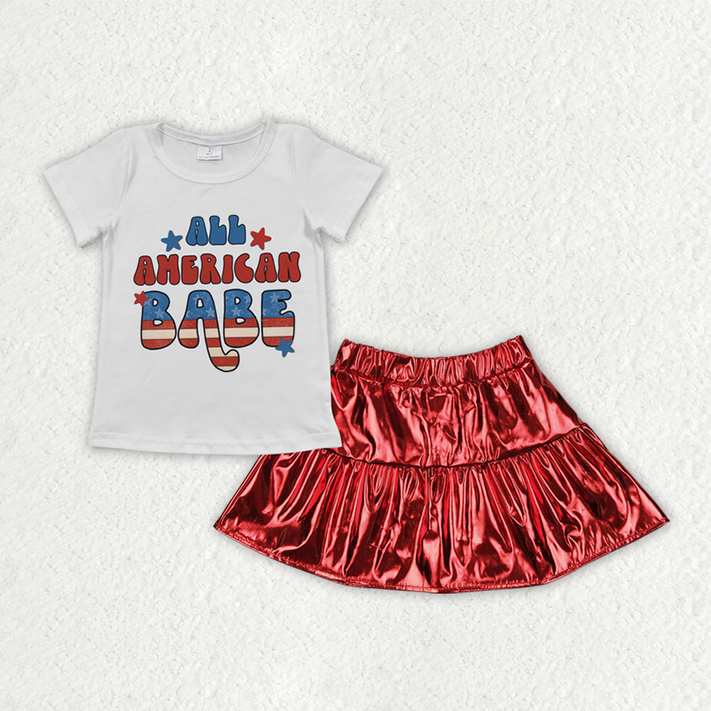 5.27  GSD2446 RTS NO MOQ Baby Girls Summer Outfits All American Babe Top Red Leather Skirt Set