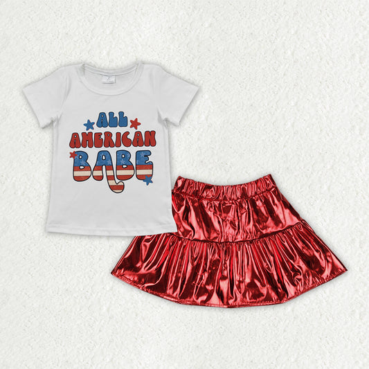 5.27  GSD2446 RTS NO MOQ Baby Girls Summer Outfits All American Babe Top Red Leather Skirt Set
