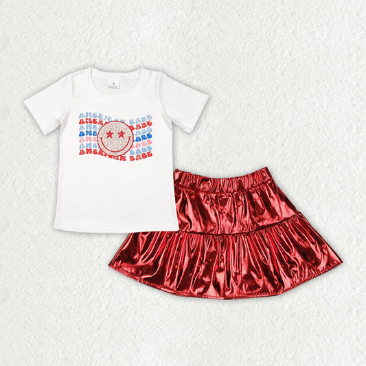 6.16  GSD2447 RTS NO MOQ Baby Girls Summer Outfits American Babe Top Red Leather Skirt Set