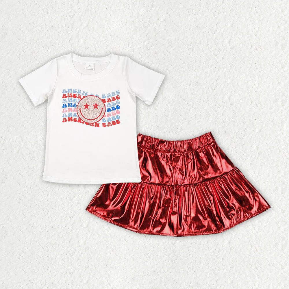 11.12 RTS Sibling Baby Girls American Babe Smiles Shirts Top Red Leather Skirts 4th Of July Sets