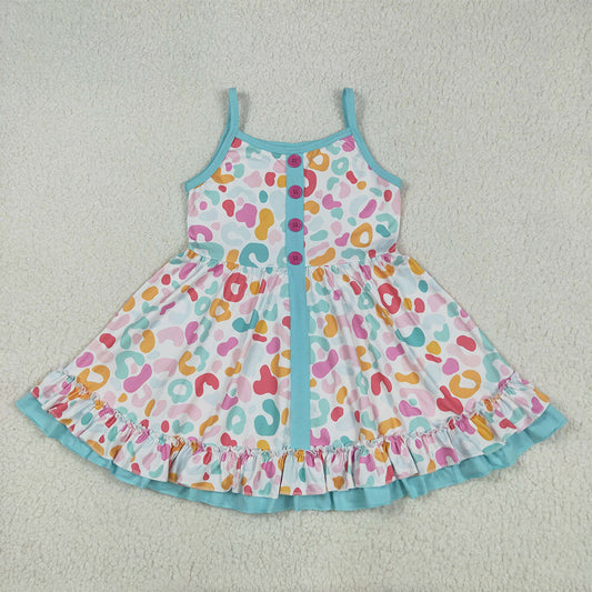 GSD2452 RTS NO MOQ Baby Girls Summer Dress Baby Girls Blue Strap Colorful Leopard Button Knee Length Dresses