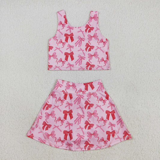 RTS NO MOQ （In stock）GSD2459 Baby Girls Yoga Outfits Baby Girls Sleeveless Pink Bows Top Skorts Yoga Sets