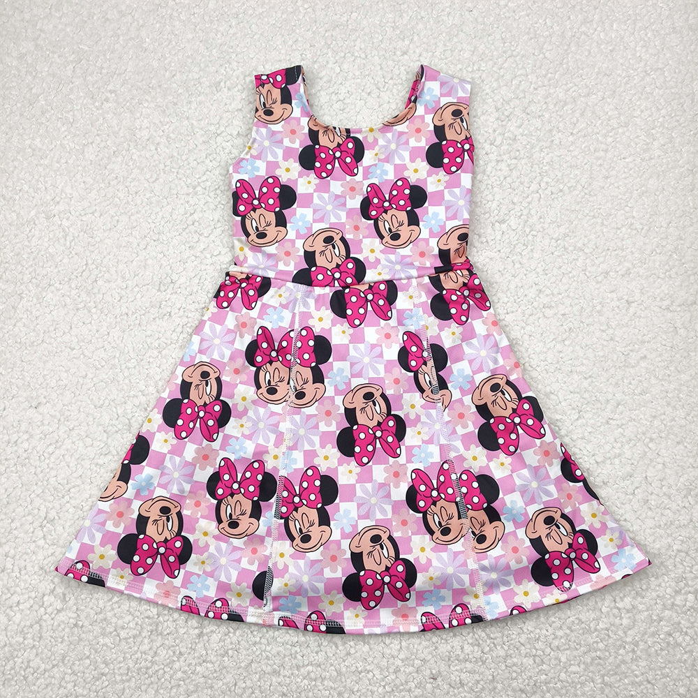 6.21 GSD2461 RTS NO MOQ Baby Girls Summer Yoga Dress Baby Girls Pink Plaid Sleeveless Cartoon Mouse Yoga Skort Knee Length Dresses