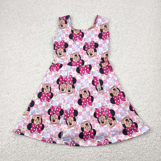 6.21 GSD2461 RTS NO MOQ Baby Girls Summer Yoga Dress Baby Girls Pink Plaid Sleeveless Cartoon Mouse Yoga Skort Knee Length Dresses