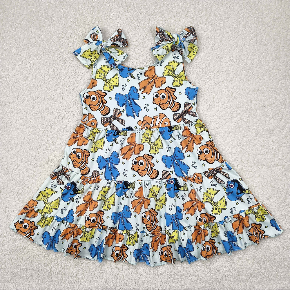 7.18  GSD2462 RTS NO MOQ Baby Girls Summer Dress Baby Girls Strap Colorful Cartoon Fishes Bows Knee Length Dresses