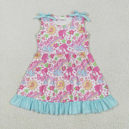 7.16  GSD2463 RTS NO MOQ Baby Girls Summer Dress Baby Girls Strap Pink Flowers Cartoon Dolls Knee Length Dresses