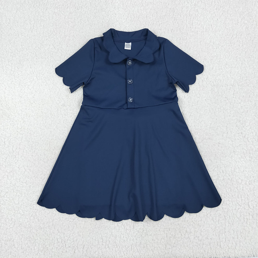7.02 GSD2487RTS NO MOQ Baby Girls Summer Yoga Dress Baby Girls Navy Short Sleeves Button Yoga Knee Length Dresses