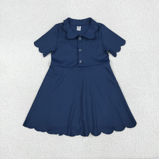 7.02 GSD2487RTS NO MOQ Baby Girls Summer Yoga Dress Baby Girls Navy Short Sleeves Button Yoga Knee Length Dresses