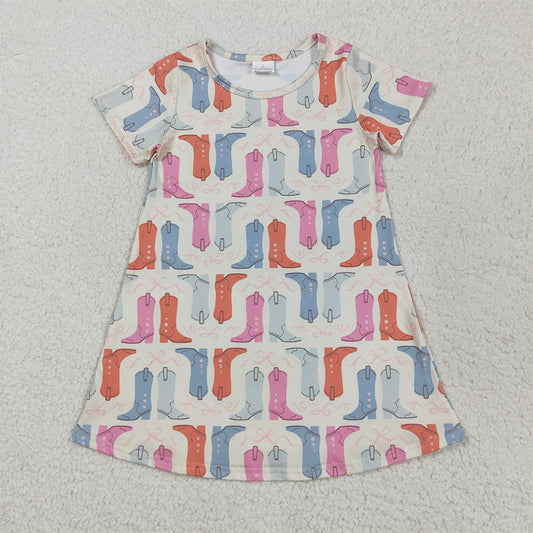 7.02 GSD2497RTS NO MOQ Baby Girls Summer Dress Baby Girls Short Sleeves Colorful Boots Knee Length Dresses