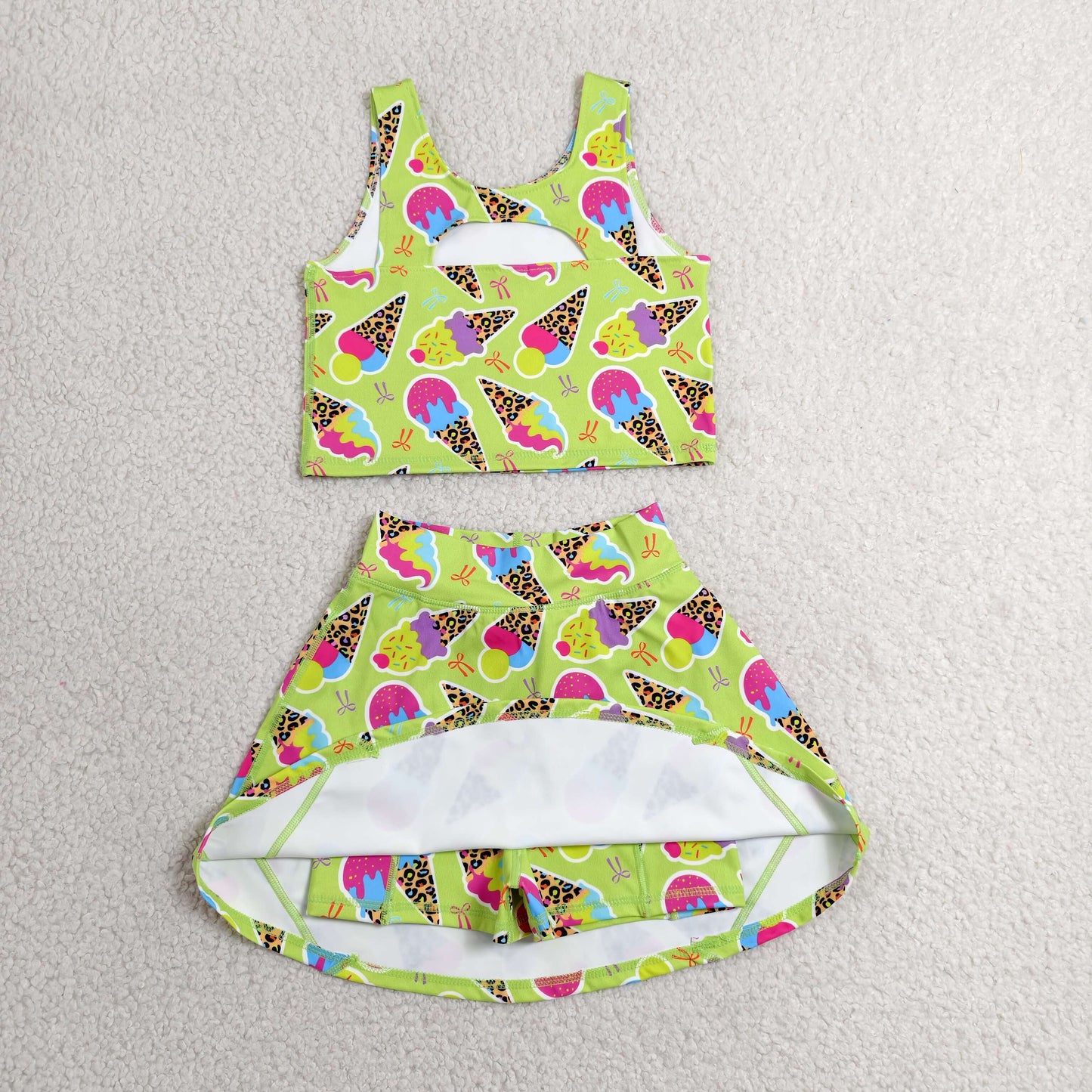 GSD2520 RTS NO MOQ （In stock）Baby Girls Sleeveless Colorful Leopard Ice Creams Top Skorts Yoga Set