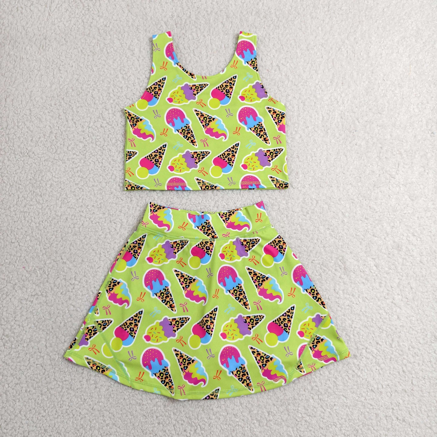 GSD2520 RTS NO MOQ （In stock）Baby Girls Sleeveless Colorful Leopard Ice Creams Top Skorts Yoga Set
