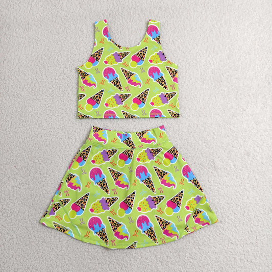 GSD2520 RTS NO MOQ （In stock）Baby Girls Sleeveless Colorful Leopard Ice Creams Top Skorts Yoga Set