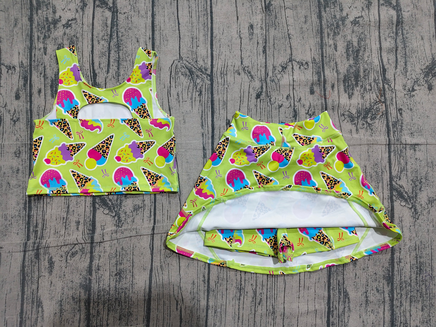 4.24 GSD2520 Sample No Moq Preorder moq 5 Baby Girls Sleeveless Colorful Leopard Ice Creams Top Skorts Yoga Set