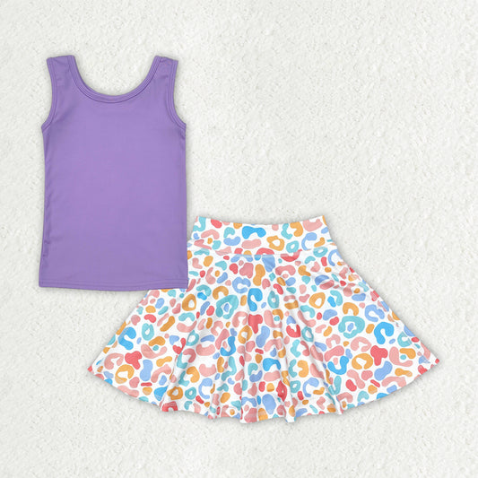 7.17   GSD2521 RTS NO MOQ Baby Girls Yoga Outfits Baby Girls Purple Sleeveless Yoga Vests Top Colorful Leopard Skorts Sets
