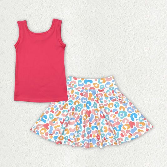 7.17   GSD2522 RTS NO MOQ Baby Girls Yoga Outfits Baby Girls Pink Sleeveless Yoga Vests Top Colorful Leopard Skorts Sets