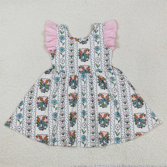 GSD2527 RTS NO MOQ Baby Girls Summer Dress Baby Girls Pink Flutter Sleeves Floral Stripe Knee Length Dress