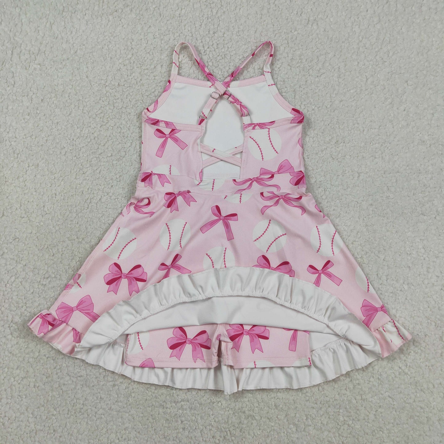 GSD2567 RTS NO MOQ （In stock ）Straps pink bow baseball girls summer athletic dress