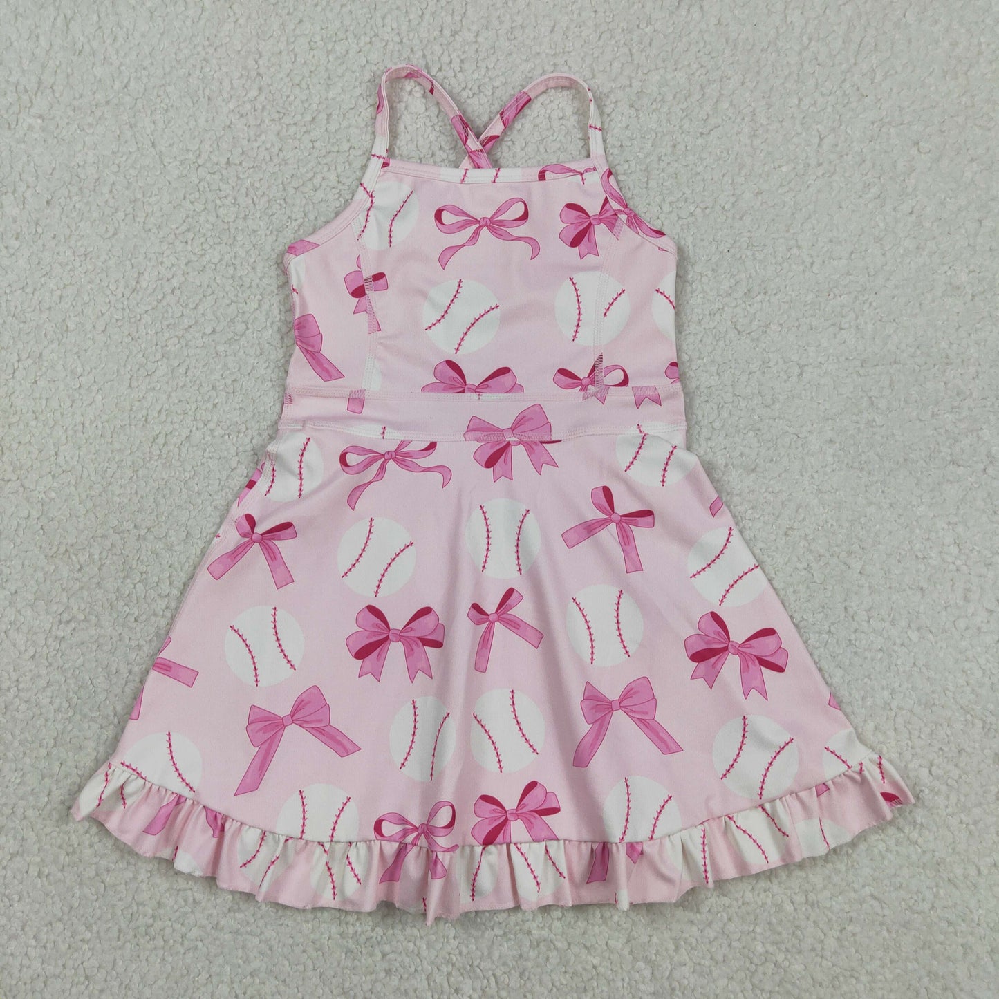 GSD2567 RTS NO MOQ （In stock ）Straps pink bow baseball girls summer athletic dress